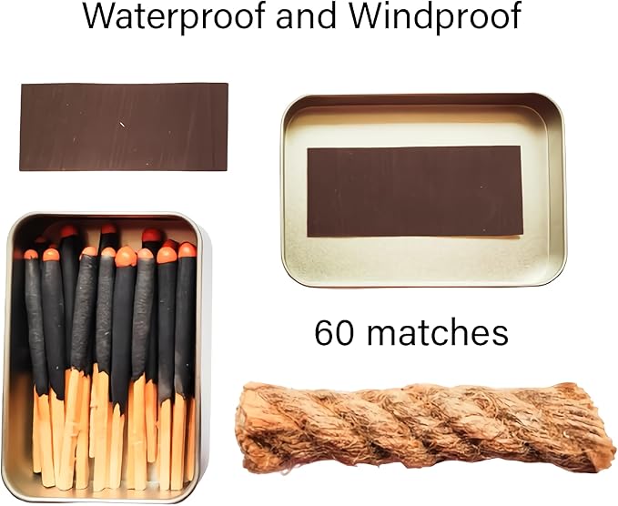 Emergency Fire Starter Kit – 20 Waterproof Windproof 3“ Matches in Tin Can + Wax Infused Hemp Cord, Burns Underwater & After Burial for Survival, Camping, Hiking, Bushcraft (3 Tins + Thick Rope)