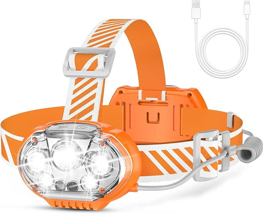 Rechargeable Headlamp, High Lumen 5 LED Head Lamp with Red White Light, IPX4 Waterproof Headlight,8 Mode Head Flashlight for Outdoor Running Hunting Fishing Hiking Camping Gear-Orange