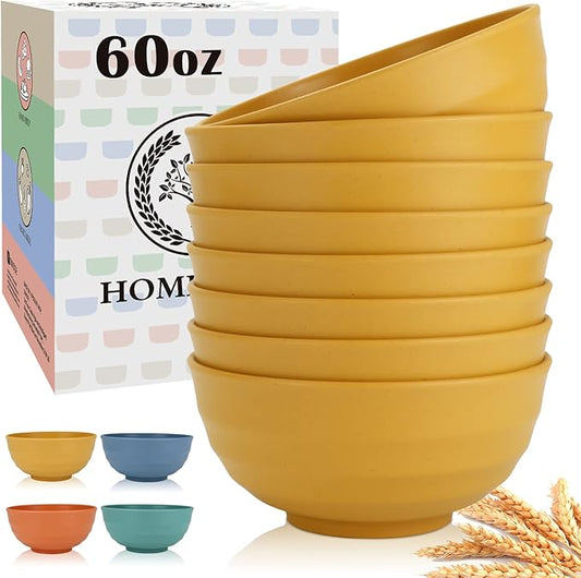 Homienly Wheat Straw Bowls Set Large Cereal Bowls Unbreakable Salad Bowl Set of 8 Sturdy and Stackable Serving Bowl Big Bowls for Salad,Cereal,Soup,Ramen,Dinner,Oatmeal Etc... (Yellow, 60 OZ)
