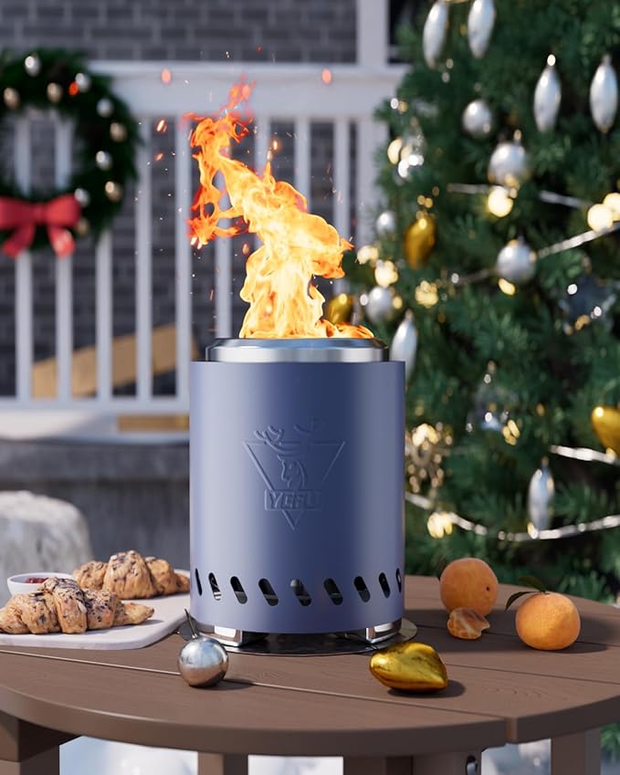 YEFU Tabletop Fire Pit 9.7 x 7.1 in, Low Smoke Camping Stove for Outdoor & Patio, Fueled by Pellets or Wood, Safe Burning Table Top Firepit, with Travel Bag & 2 Mini Sticks & Fireproof Mat, Blue