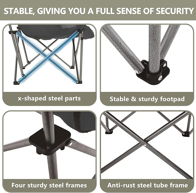 Oversized XL Padded Camping Chair Wide Heavy Duty Lawn Chairs Support 450 LBS Portable Folding Gaint Camp Chair with Side Pocket Cup Holder for Outdoor Outside Sports Baseball-Black&Grey