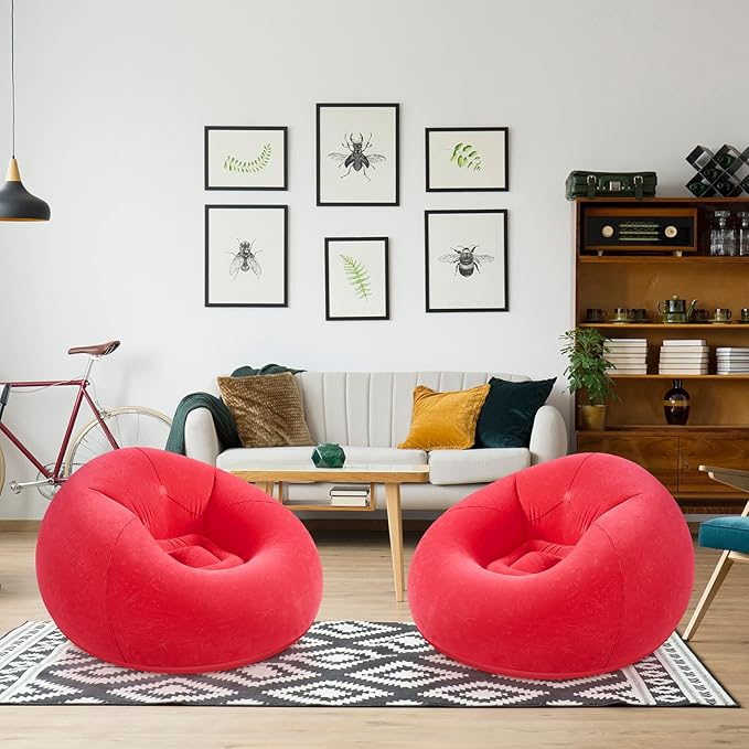 Realspring Inflatable Sofa Bean Bag Lounge Chair Lazy Sofa Folding Portable Chair for Living Room Bedroom Balcony Reading Room (Red, 2 Pcs)