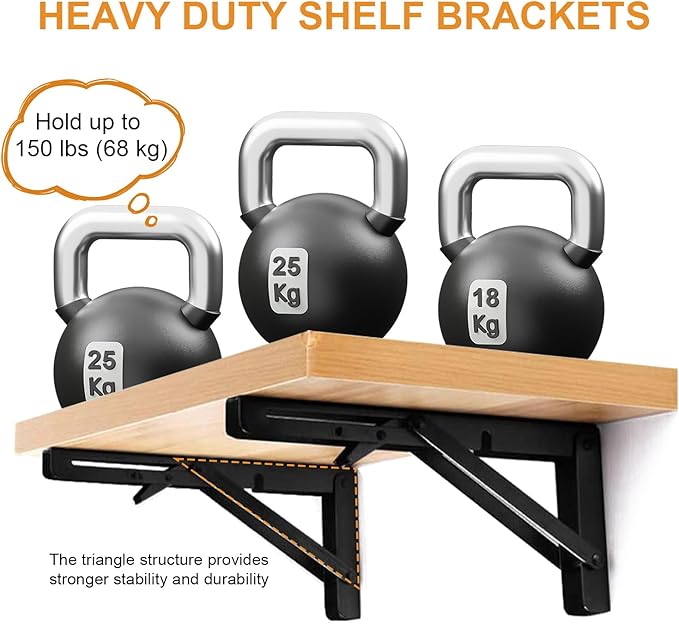 Folding Shelf Brackets - Heavy Duty Metal Collapsible Shelf Bracket for Bench Table, Shelf Hinge Wall Mounted Space Saving DIY Bracket, Max Load: 150 lb (24 Inch, Black)