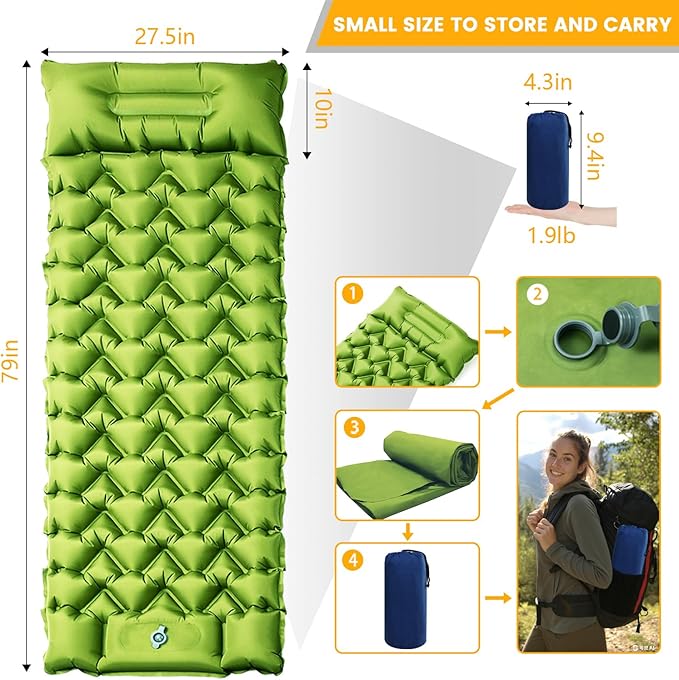 Camping Sleeping Pad, 4in Thick Ultralight Inflatable Camping Mat with Pillow, Built-in Foot Pump Sleeping Mat, Wide Compact Camping Pad for Travel Tent Hiking Backpacking Trip Car Camp Gear