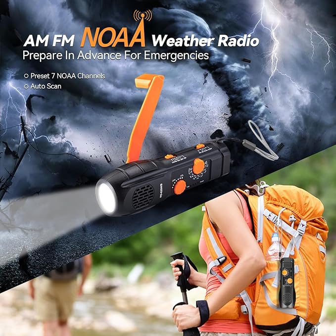 Emergency Radio Hand Crank with Flashlights, Portable AM/FM NOAA Weather Radio Alert and Survival Flashlight SOS Alarm