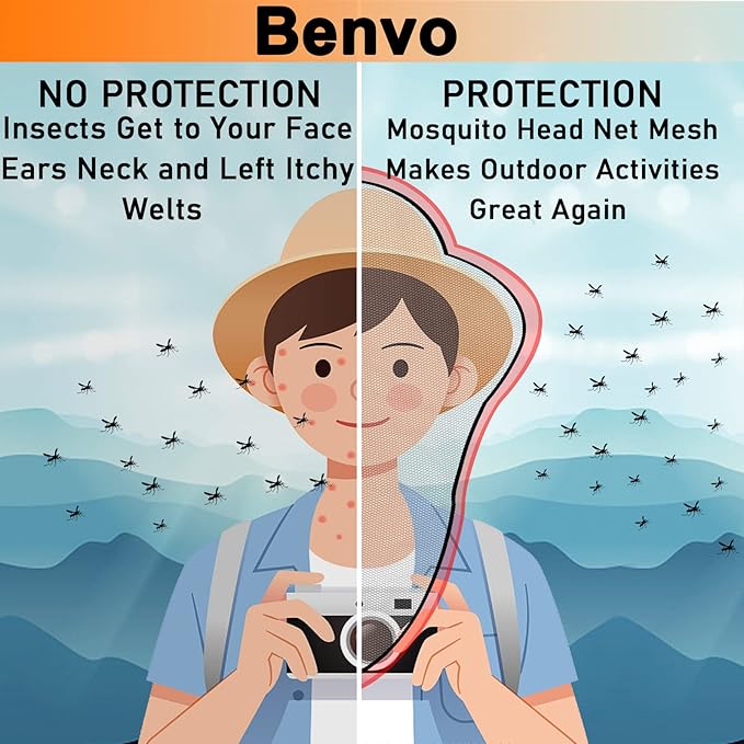 Benvo Mosquito Head Net Mesh, Face Neck Fly Netting Hood from Bugs Gnats Noseeums Screen Net for Any Outdoor Lover- with Carry Bags Fits Most Sizes of Hats Caps (2pcs, Black, Updated Big Net)