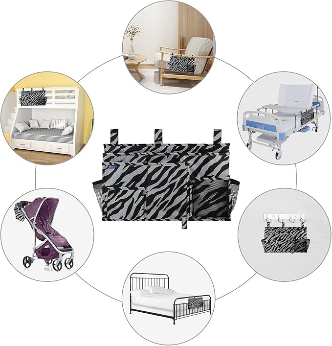 Surblue Bedside Caddy Hanging Organizer Storage Bag Pocket for Bunk, Hospital, College Dorm Rooms, Baby Bed Rails, Camp - 8 Pockets (Large, Zebra)