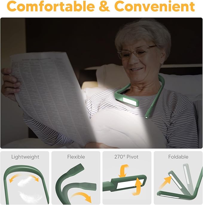 Neck Reading Light, Book Light for Reading in Bed, Eye-friendly Wide Reading Lamp, Bendable Arms & 2 Bright Lights, Rechargeable Booklight Stepless Dimming, Book Lover Gift Knit Crochet Craft