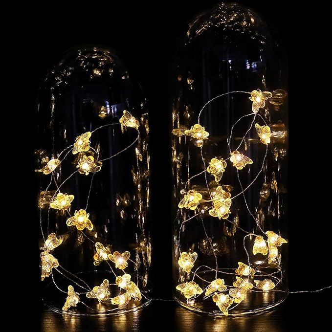 Honeybee Decorative String Lights, 18.7 Ft 40 LED USB Plug-in Copper Wire Bee Fairy Lights for Various Decoration Projects (Warm White, Remote Control with Timer)
