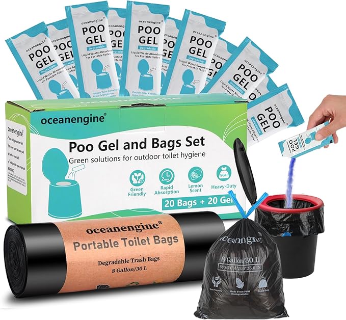 Portable Toilet Bags Poo Gel Set, 8 Gallon Camping Toilet Bags with Portable Toilet Absorbent Gel, Compostable Portable Potty Bags for Camping Outdoor Hiking