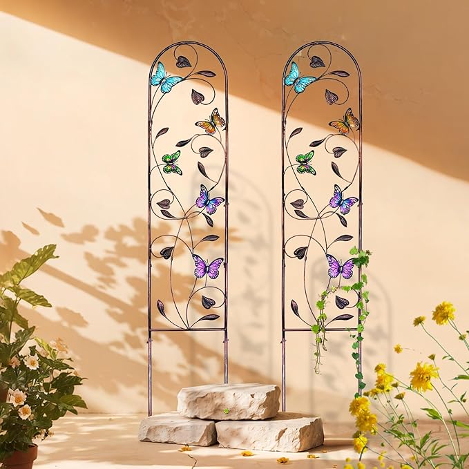 aboxoo Set of 2 Packs Butterfly Metal Garden Trellis for Climbing Plants,Outdoor Decorative Flowers Arch Fence Trellis for Outdoor Patio,Garden,Lawn,Yard,Backyard,Wall Brackets,60'' H x 11'' W