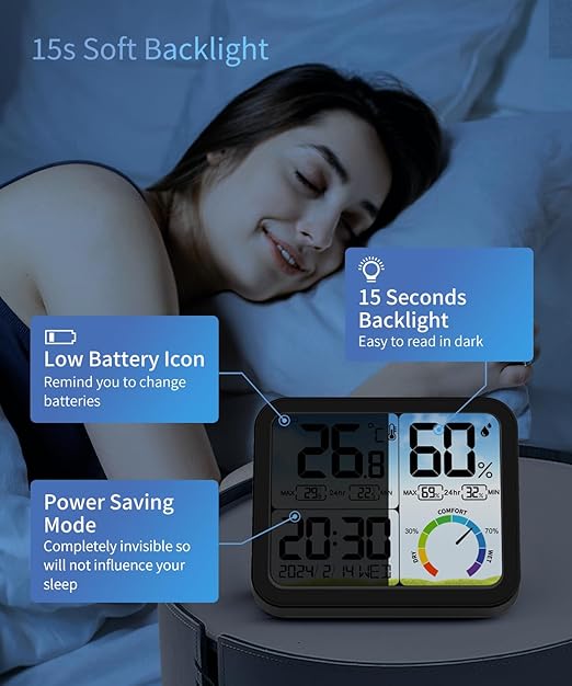 VOCOO Digital Indoor Room Thermometer - 5.8'' Extra Large Display Temperature Humidity Sensor with Accurate Temp Humidity Gauge Monitor, Calibration, Max & Min Records, Comfort, Backlit, Date & Clock