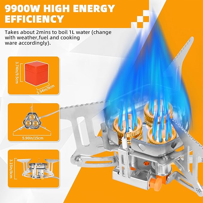 9900W Portable Windproof Camping Stove - High-Power Gas Stove with Piezo Ignition, 1LB Propane & Butane Adapters for Outdoor Cooking, Hiking, Camping & Picnics
