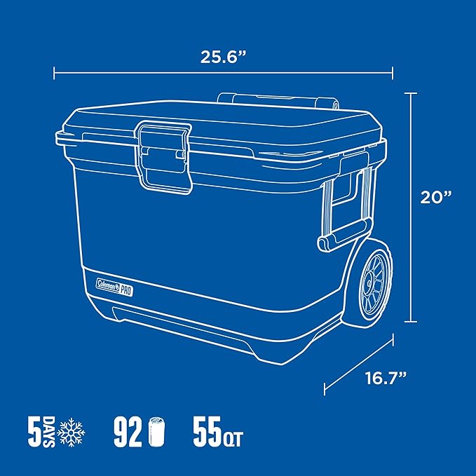Coleman Pro Heavy-Duty 55qt Wheeled Ultra-Light Premium Hard Cooler, Extra-Thick Insulation Keeps Ice up to 5 Days, 92-Can Capacity, Heavy-Duty Wheels