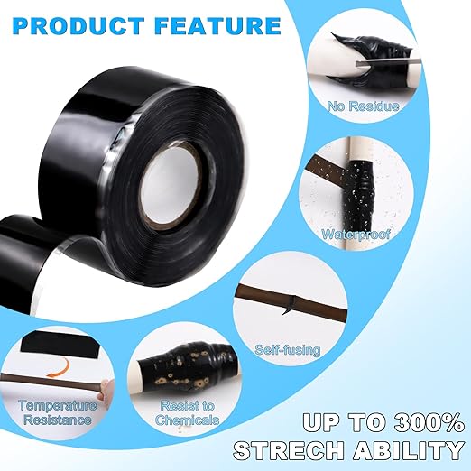 FOURGUN Self Fusing Silicone Tape Black 1" x 16.4FT Heavy Duty Waterproof Leak Proof Repair Tape for Plumbing Hose Pipeline Electrical Wrapping Emergency Seal for Hot/Cold Pipes & Tools