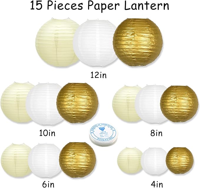 Chinese Paper Lanterns Decorative 15pcs Hanging Gold Paper Lanterns for Wedding Graduation Anniversary Birthday Party Decorations