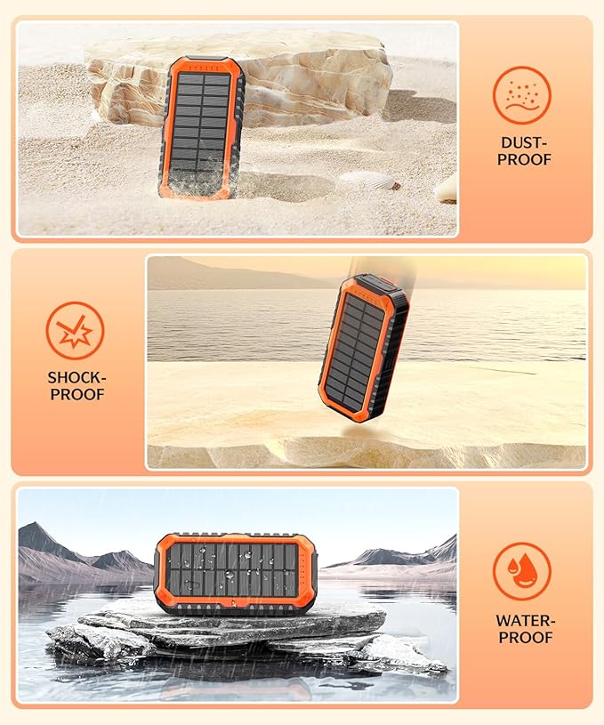 QiSa Solar Charger Power Bank 40000mAh Built in 4 Cables and Hand Crank, Portable Charger 22.5W Fast Charger 6 Outputs & 4 Inputs External Battery Pack with Bright Flashlight and Compass