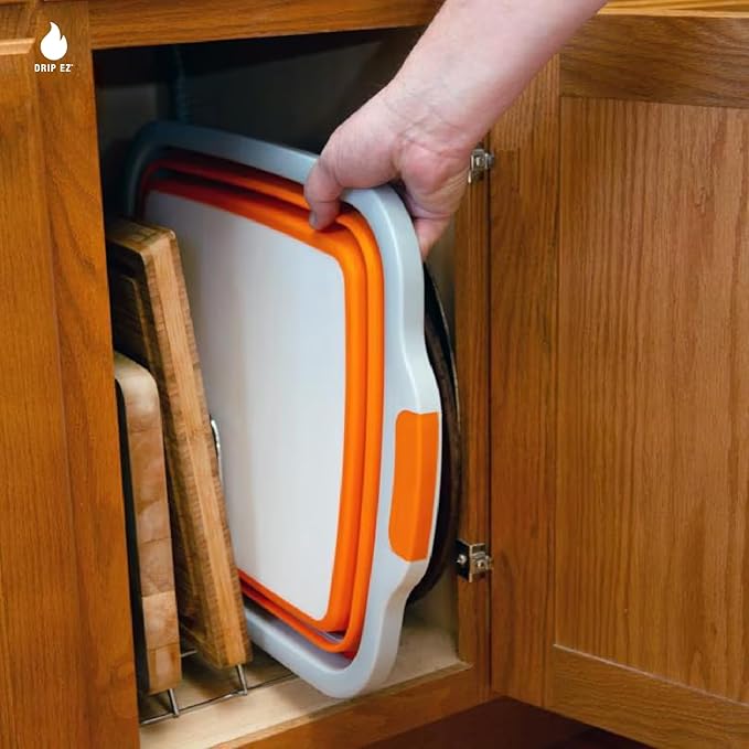 Drip EZ Collapsible BBQ Prep Tubs 3-Piece Set- For Meal Prep Marinating Food Storage - Includes Cutting Board & Lid - (1) JR - Black + (1) OG - Orange + (1) XL - Black