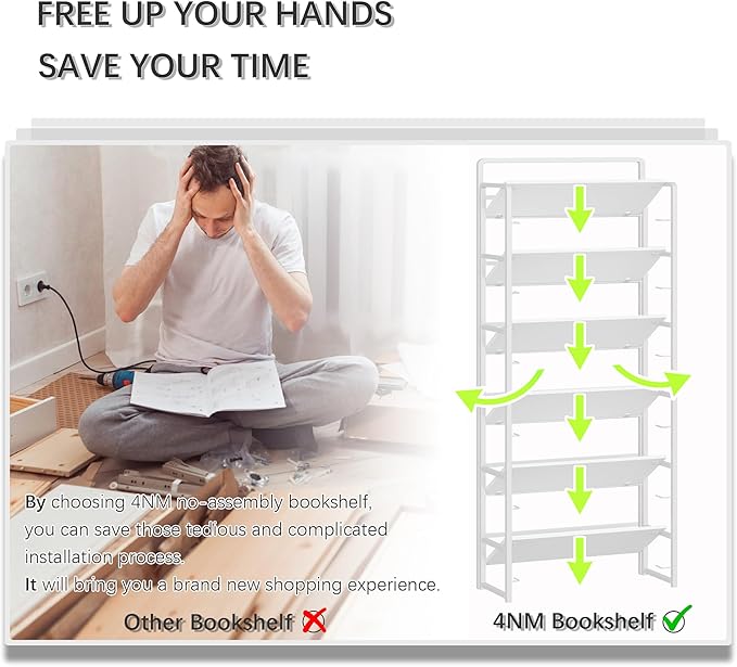 4NM No-Assembly 6 Tiers Folding Bookshelf Storage Shelves Vintage Bookcase Standing Racks Study Organizer Home Office (All White)