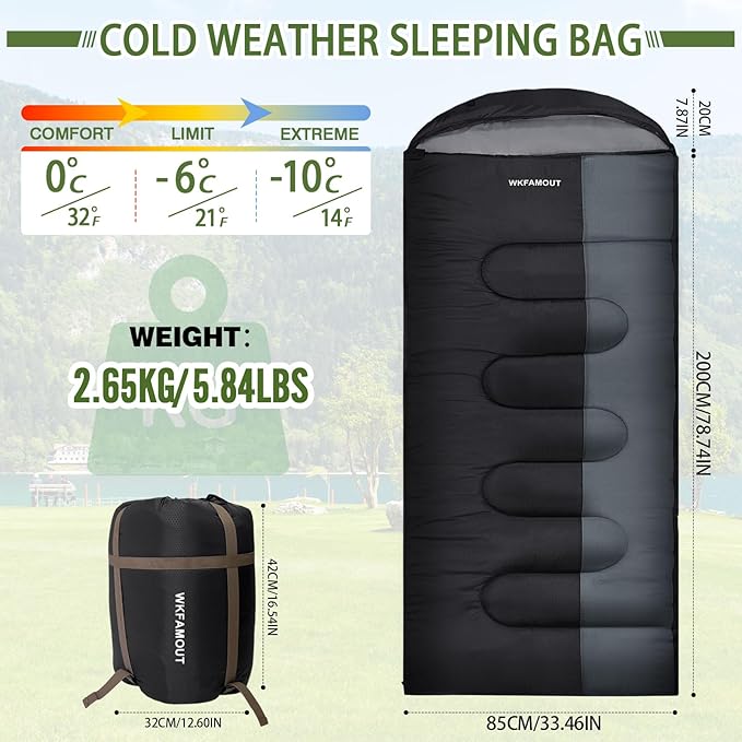 XL 10 Degree Sleeping Bags Waterproof for Adults 350GSM Machine Washable with Compression Sack for 3-4 Season Camping Outdoor