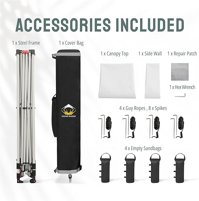 CROWN SHADES 12x12 Pop Up Canopy Tent Instant Commercial with 150D Silver Coated Fabric Including 1 Removable Sidewall, 4 Ropes, 8 Stakes, Weight Bags, STO 'N Go Bag, White