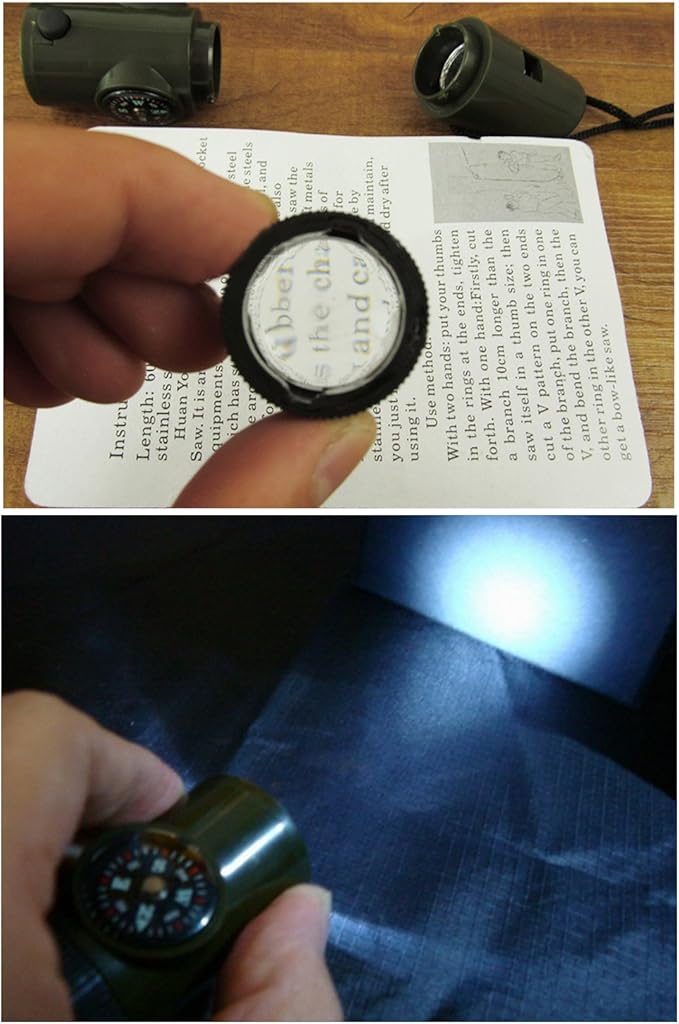 TRENDBOX Multifunctional 7 in 1 Camping Hiking Outdoor Whistle with Compass Magnifier LED Flashlight Thermometer for Emergency Survival Traveling