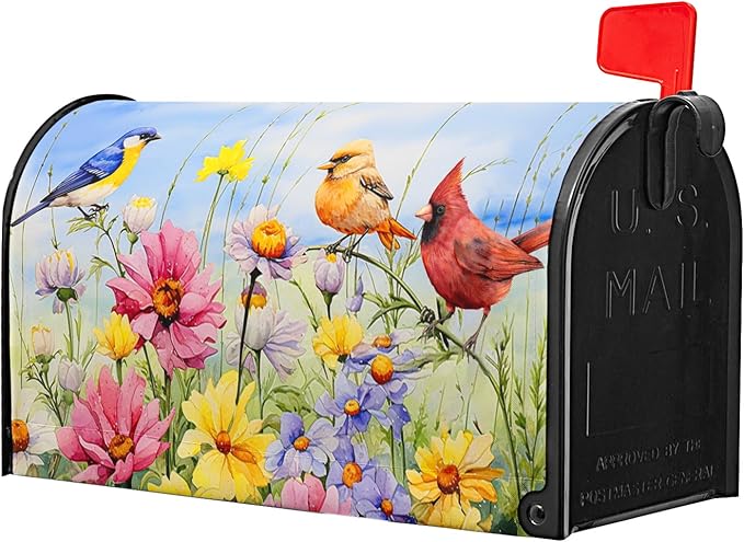 Hummingbird Bird Mailbox Covers Magnetic Standard Size 21’’x18’’ Spring Blooming Flowers and Birds Decorative Waterproof Mailboxes Wraps Letter Post Box Cover for Home Outdoor Garden Yard