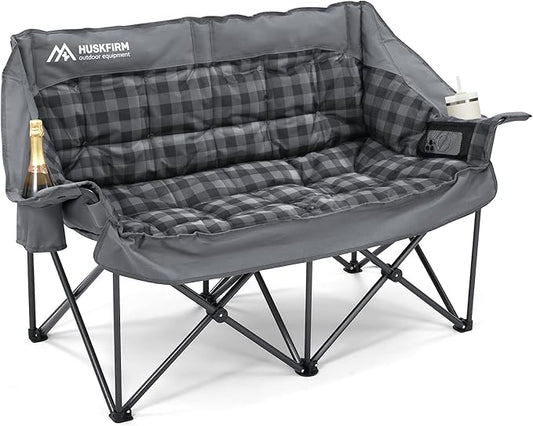 Double Camping Chairs Padded Loveseat Chair for 2 Person - Heavy Duty Oversized Camping Couch for Adults Outdoor Lawn Beach - Portable Folding Sofa with Cup Holders and Carry Bag, Grey