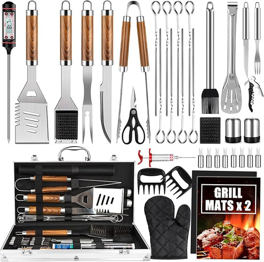 BBQ Grill Accessories Set, 38Pcs Stainless Steel Grill Tools Grilling Accessories with Aluminum Case, Thermometer, Grill Mats for Camping/Backyard Barbecue, Grill Set for Men Women
