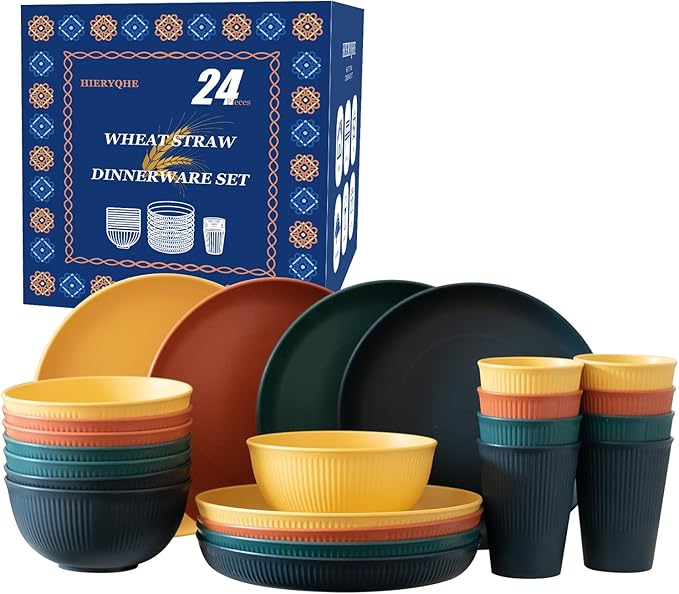 24pcs Wheat Straw Dinnerware Sets For 8, Unbreakable Plates and Bowls Wheat Straw Dinnerware Microwavable Cups Plates and Bowls Sets Shatterproof For Outdoor Kitchen Camping