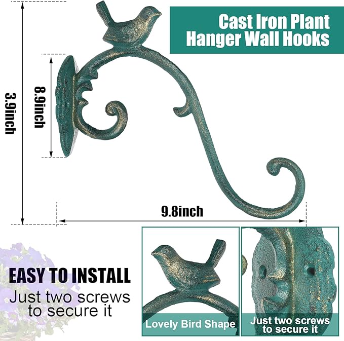 Moxweyeni 2 Pcs Cast Iron Plant Hangers Outdoor 10" Heavy Duty Hanging Basket Brackets Lovely Bird Shape Decorative Wall Hangers for Flower Pots Bird Feeder Wind Chime Lantern(Golden Green)
