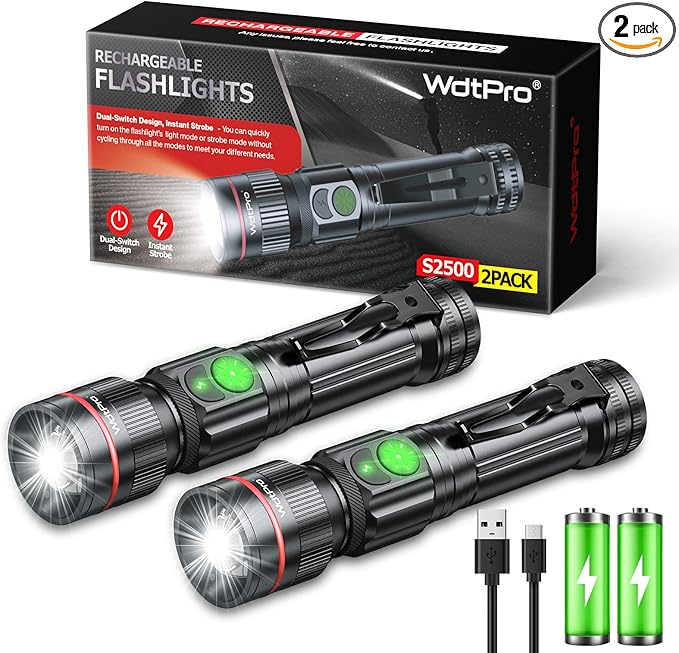 2 Pack Rechargeable Flashlight, Bright LED Flash Light, 5 Modes, Zoomable Small Torch with Clip, Waterproof, Flash Lights for Camping Essential Outdoor Home Emergency