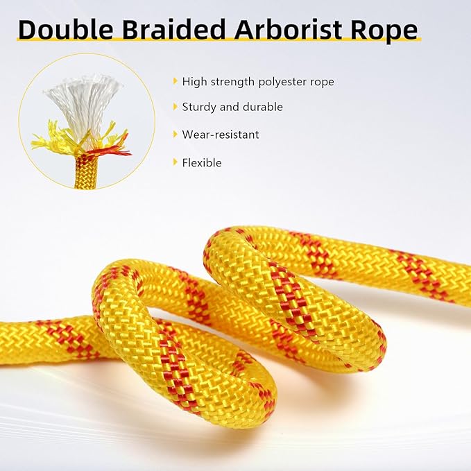 Arborist Rope, 1/2 Inch x 200 Feet Double Braided Climbing Rope Polyester for Outdoor, Climbing, Hiking, Swing, Tree Work, Halyard, Sailing etc(Yellow)