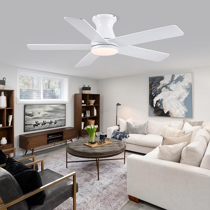 46" White Low Profile Ceiling Fans with Lights,Modern Flush Mount Ceiling Fans with Reversible DC Motor,Dimmable 3 Colors 6 Speeds