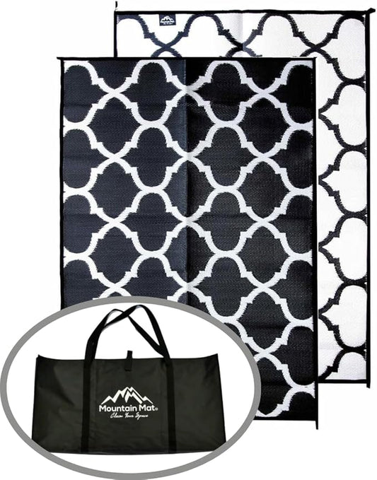 5x7 Black Lattice RV Mat w Carry Bag – Extra Thick 5mm Recycled Poly Rug – Heavy-Duty, Waterproof, Reversible – Stylish Luxury Outdoor Mat Camping (Black Lattice with Carry Bag, 5'x7')