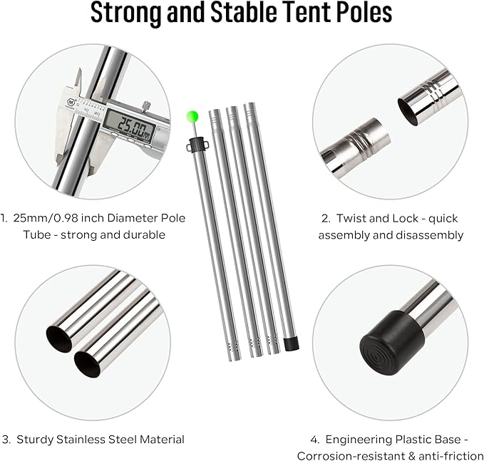 SANLIKE Telescoping Tarp Pole Heavy Duty Tent Poles, 33"-86.6"/94" Thickened Tube Collapsible Stainless Steel Canopy Poles for Camping Backpacking Hiking Awning Sun Sails Outdoor Sports, Set of 2