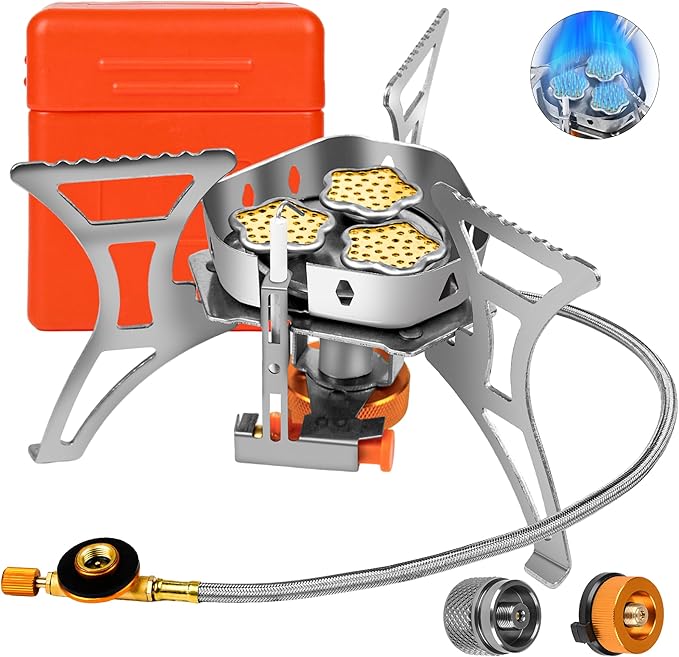 6800W Portable Windproof Camping Stove - Foldable Backpacking Stove with Piezo Ignition, Fuel Canister Adapter & Carry Case for Outdoor Cooking, Hiking & Picnics