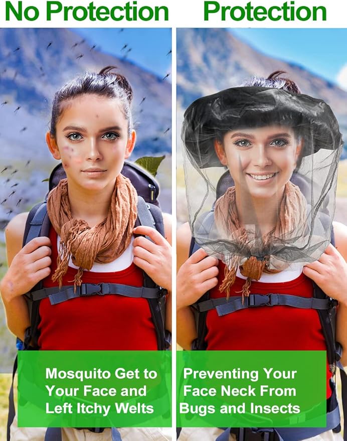 wohohoho Mosquito Head Net Mesh with Drawstring, Bug Face Netting for Hats, Mesh Face Shield for Men & Women Beekeeper Net Mask Protection for Midges, Bugs & Gnats (2 Packs, Mix Colors, Updated Size)