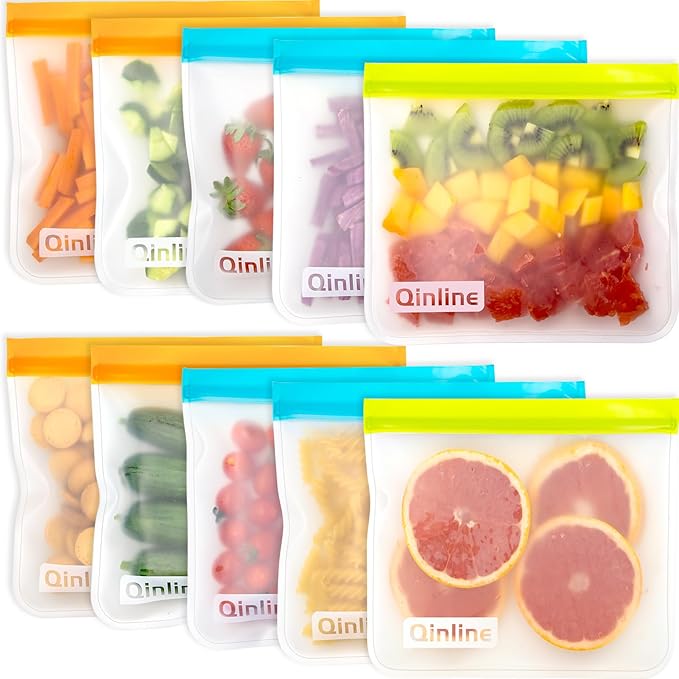 Reusable Food Storage Bags - 10 Pack Freezer Bags, Extra Thick Leakproof Lunch Bags for Salad Fruit Marinate Meats Travel - 10 Sandwich Storage Bag