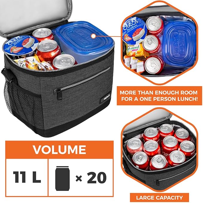 opux Extra Large Insulated Lunch Box Men Women, Lunch Bag for Work, Leakproof Soft Cooler Tote Adult, Lunch Pail, Picnic Beach Collapsible Food Bag with Shoulder Strap, Charcoal