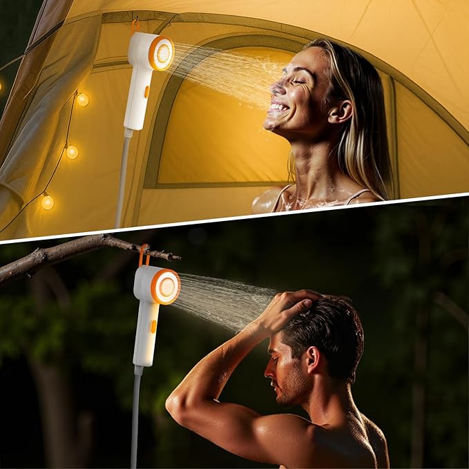 Portable Camping Shower with Filtration, Long Lasting Rechargeable Outdoor Shower with Led Light, Low Noise Portable Shower Pump Head for Hiking, Beach Vacation, Pet Bath, Camping Essentials