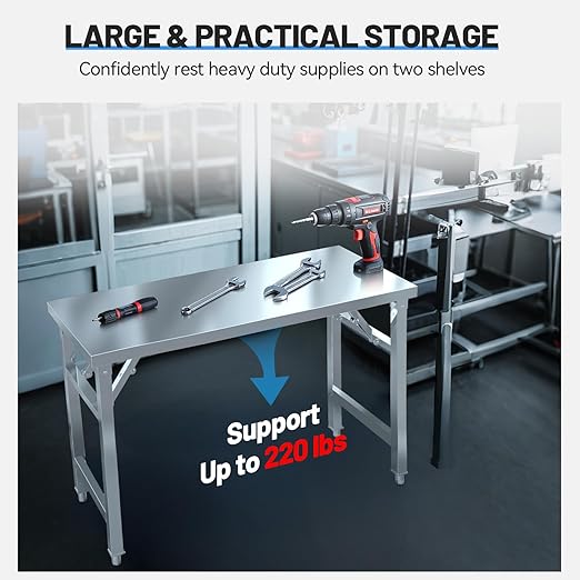 Folding Stainless Steel Table with Adjustable Table Corners and Lower Removable Shelf 20X45 Inches for Outdoor Camping, Maintenance Room, Storage, Kitchen (Without undershelf)