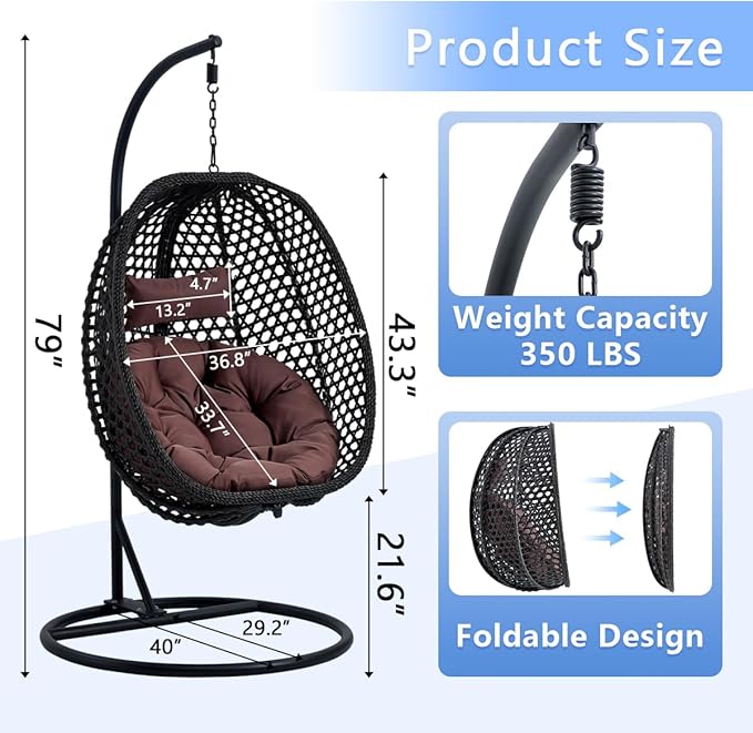 JUFU Egg Swing Chair with Stand,Hanging Egg Chair Indoor Outdoor,Hammock Hanging Basket Chair with Aluminum Steel Frame，Patio Egg Chair with Removable Cushions for Patio Balcony Backyard,Bedrooms