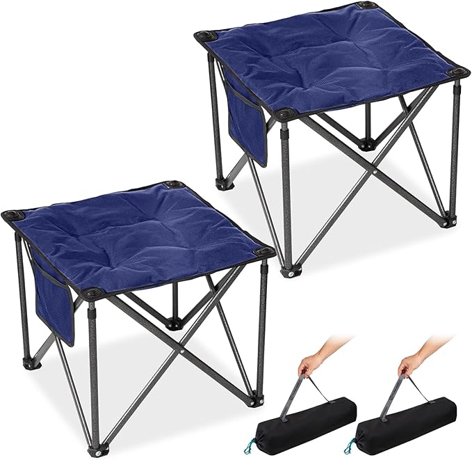 FUNDANGO Folding Camping Stool, 2 Pack 18.1 Inch Oversized Foot Stools 400 Lbs Heavy Duty Portable Padded Seat Anti-Slip Foots & Carry Bag for Fishing Outdoor Lawn Travel (Blue)