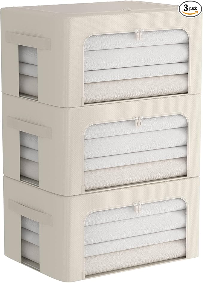 3Pack Frame Storage Box - Clothes Storage Bin Bags Oxford Fabric Foldable Stackable Container Organizer Set with Clear Window & Carry Handles (Beige, Medium-44L)