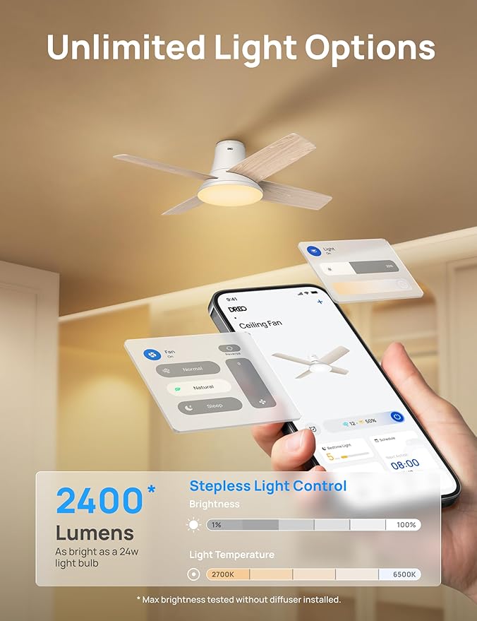 Dreo Ceiling Fans with Lights, 12 Speeds & 3 Fan Modes, Quiet DC Motor, Low Profile Easy to Install, Flush Mount Smart Ceiling Fan with Dimmable LED, 12H Timer for Bedroom, Remote, White, 44''