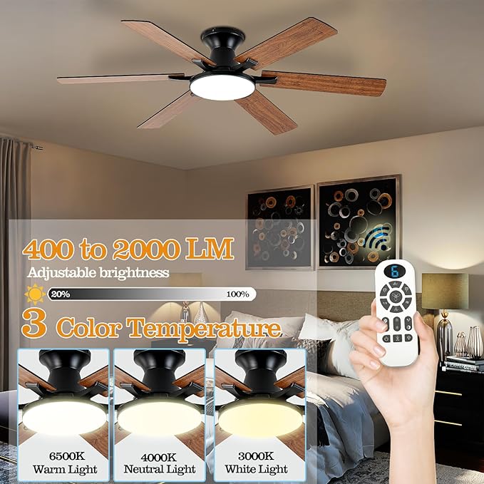 Ceiling Fans with Lights,54 Inch Low Profile Ceiling Fan with Light and Remote Control,6 Speeds/6 Blade,Flush Mount,LED Dimmable DC Reversible Modern, Brown Ceiling Fan for Bedroom/Living Room