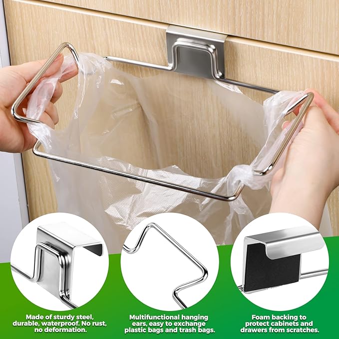 HNYYZL Trash Bag Holder,2 Pack Trash Bag Holder for Cabinet Door and Cupboards,Stainless Steel,Plastic Bag Holder Under Sink,Use for Kitchen,Bathroom,Camper,Rv