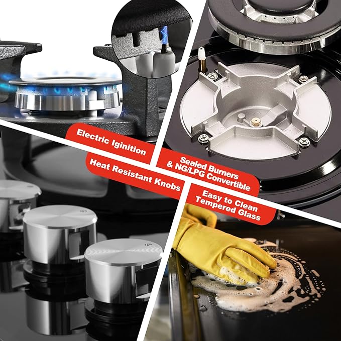 30 Inch Gas Cooktop with 5 Burners,Built-in Tempered Glass Stove Top, LPG/NG Convertible,35,900 BTU, Flame-Out Protection, Electric Ignition,Propane & Natural Gas Hob for Kitchen & RV