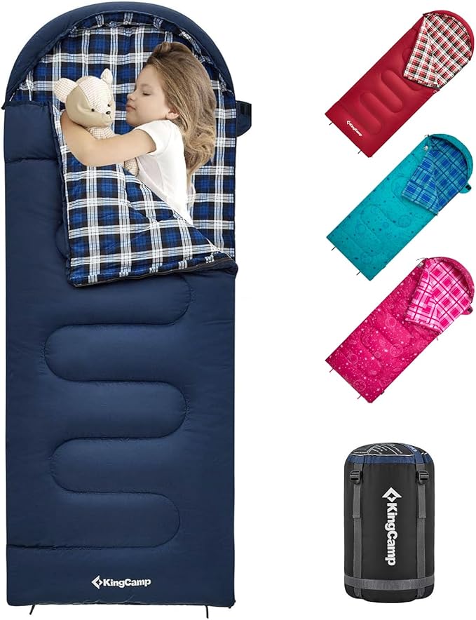 KingCamp 45° F Kids Sleeping Bag, Lightweight Waterproof & Compact Flannel Sleeping Bags Cold Weather & Warm Youth Essentials Gear Accessories for Camping, Fits 10-12 Children up to 5'5" Tall